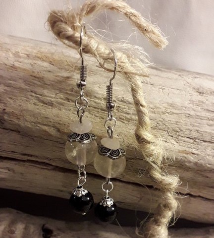 boucles d'oreilles perles quartz rose et onyx  