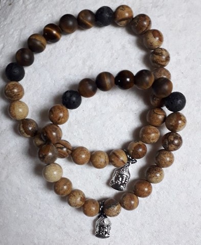 bracelet homme en jaspe paysage , pierre de lave , oeil de tigre  