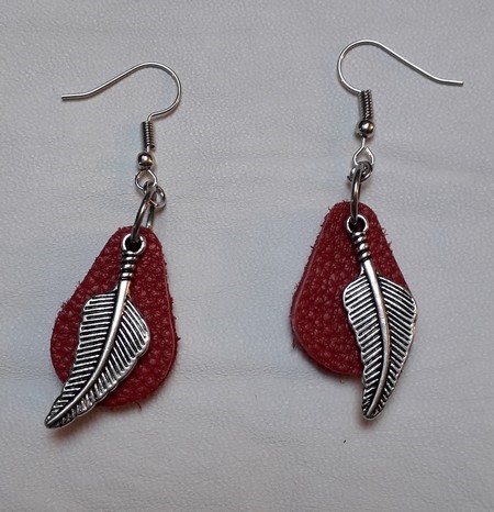 boucles d'oreilles en cuir et plume métal