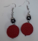 boucles d'oreilles cuir, rond rouge et hématite
